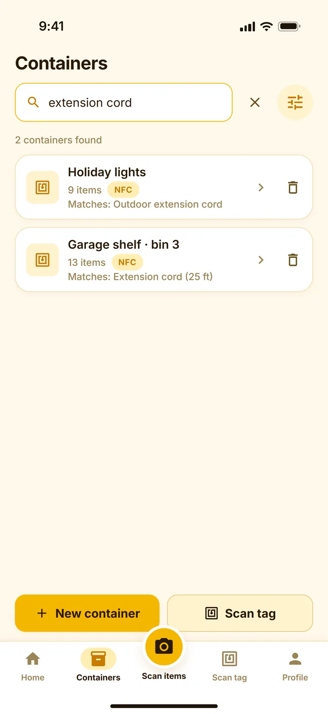 A search for extension cord showing matches in the Holiday lights and Garage shelf bin 3 containers